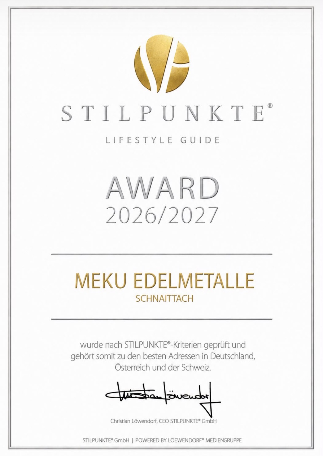MeKu Edelmetalle Stilpunkte Urkunde